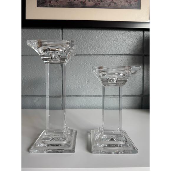 Elegant Waterford Lead Crystal Pillar Candlestick Set Rectangle Quiet Luxury - Picture 1 of 9